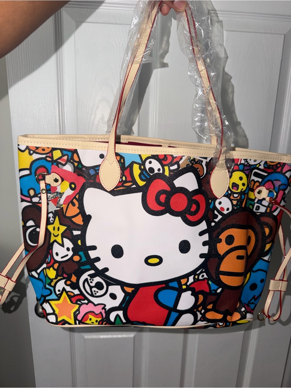 Hello Kitty Multicolor Character Tote with Beige Trim